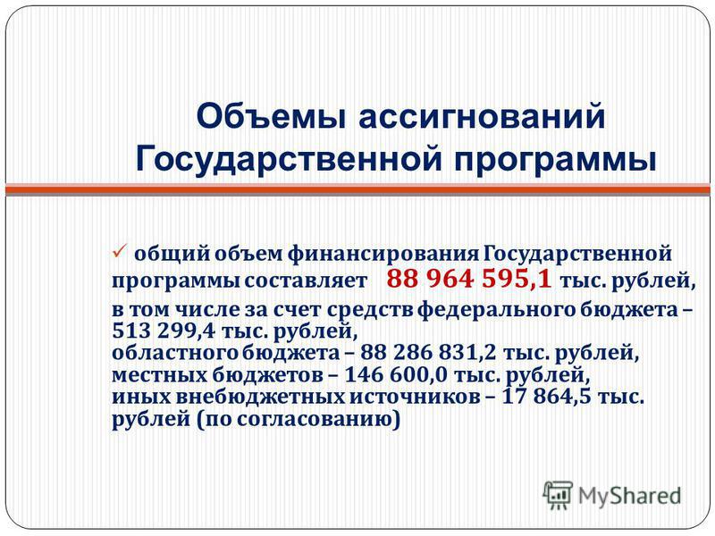 общий объем финансирования Государственной программы составляет 88 964 595,1 тыс. рублей, в том числе за счет средств федерального бюджета – 513 299,4 тыс. рублей, областного бюджета – 88 286 831,2 тыс. рублей, местных бюджетов – 146 600,0 тыс. рубле