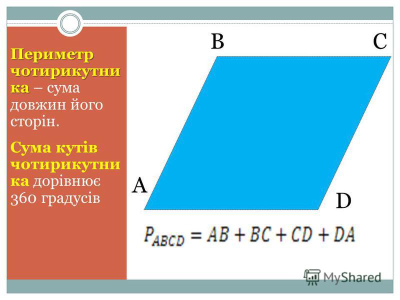 Периметр чотирикутни ка Периметр чотирикутни ка – сума довжин його сторін. Сума кутів чотирикутни ка дорівнює 360 градусів A BC D