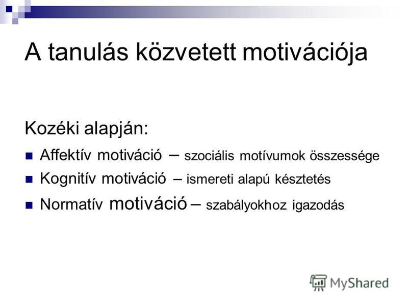 A tanulás közvetett motivációja Kozéki alapján: Affektív motiváció – szociális motívumok összessége Kognitív motiváció – ismereti alapú késztetés Normatív motiváció – szabályokhoz igazodás