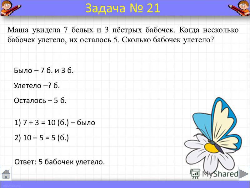 Было – 7 б. и 3 б. Улетело –? б. Осталось – 5 б. Маша увидела 7 белых и 3 пёстрых бабочек. Когда несколько бабочек улетело, их осталось 5. Сколько бабочек улетело? Ответ: 5 бабочек улетело. Задача 21 1) 7 + 3 = 10 (б.) – было 2) 10 – 5 = 5 (б.)
