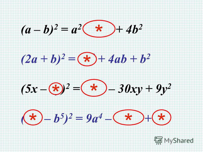 (a – b) 2 = a 2 – 2ab + 4b 2 (2a + b) 2 = 4a 2 + 4ab + b 2 (5x – 3y) 2 = 25x 2 – 30xy + 9y 2 (3a 2 – b 5 ) 2 = 9a 4 – 6a 2 b 5 + b 10 * * * * ***