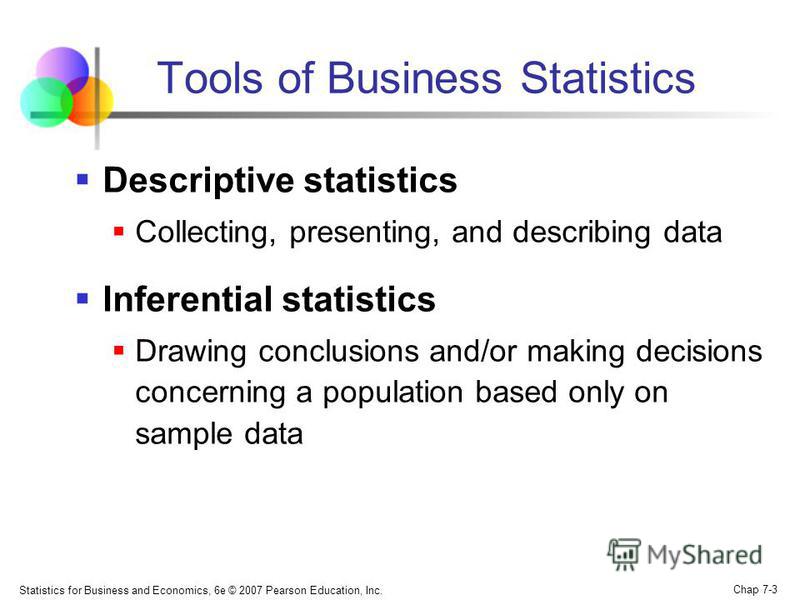 Statistics for Business and Economics, 6e © 2007 Pearson Education, Inc. Chap 7-3 Descriptive statistics Collecting, presenting, and describing data Inferential statistics Drawing conclusions and/or making decisions concerning a population based only