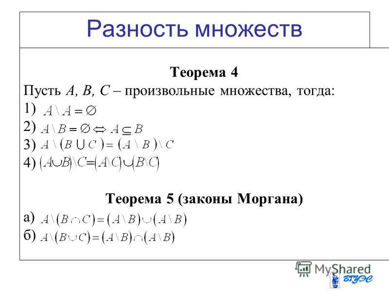 Разность множеств Теорема 4 Пусть А, В, С – произвольные множества, тогда: 1) 2) 3) 4) Теорема 5 (законы Моргана) а) б)