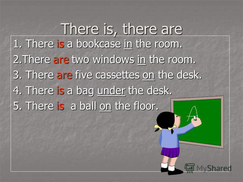 There is, there are 1. There is a bookcase in the room. 2.There are two windows in the room. 3. There are five cassettes on the desk. 4. There is a bag under the desk. 5. There is a ball on the floor.