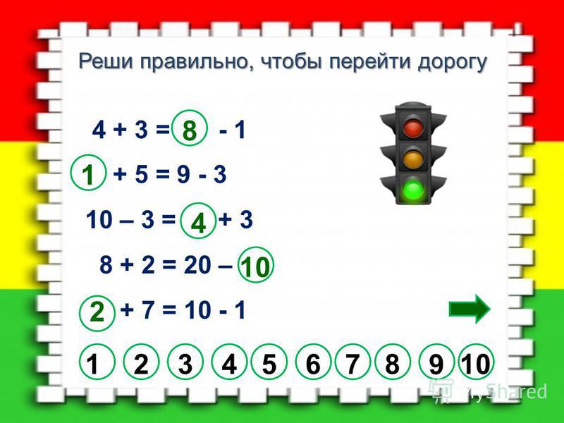 Реши правильно, чтобы перейти дорогу 4 + 3 = - 1 + 5 = 9 - 3 10 – 3 = + 3 8 + 2 = 20 – + 7 = 10 - 1 723456108 9 1 8 1 4 2
