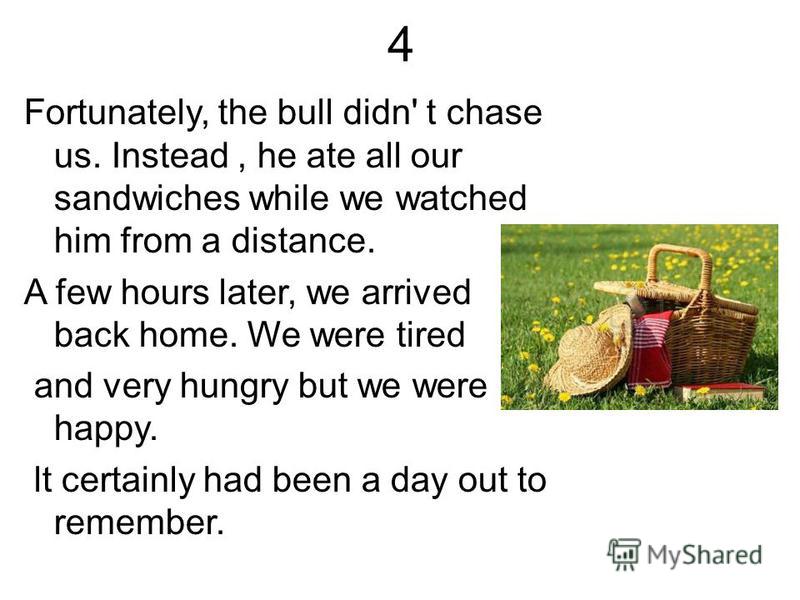 4 Fortunately, the bull didn' t chase us. Instead, he ate all our sandwiches while we watched him from a distance. A few hours later, we arrived back home. We were tired and very hungry but we were happy. lt certainly had been a day out to remember.