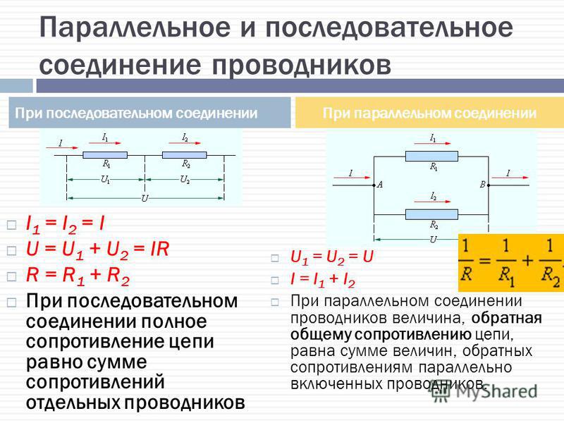 Схема параллельного соединения и последовательного соединения проводников Схема параллельного соединения и последовательного соединения проводников