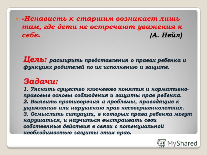 Цель: расширить представления о правах ребенка и функциях родителей по их исполнению и защите. Задачи: 1. Уяснить существо ключевого понятия и нормати