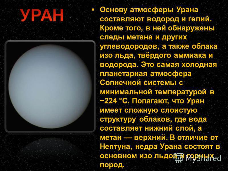 Основу атмосферы Урана составляют водород и гелий. Кроме того, в ней обнаружены следы метана и других углеводородов, а также облака изо льда, твёрдого аммиака и водорода. Это самая холодная планетарная атмосфера Солнечной системы с минимальной темпер