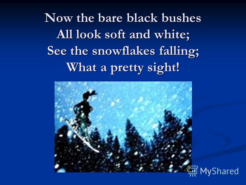 Now the bare black bushes All look soft and white; See the snowflakes falling; What a pretty sight!