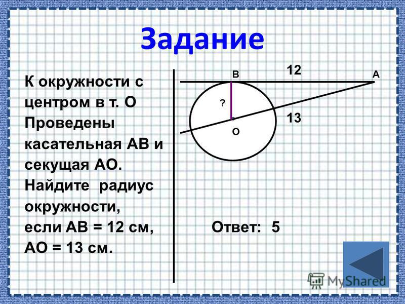 К окружности с центром в т. О Проведены касательная АВ и секущая АО. Найдите радиус окружности, если АВ = 12 см, АО = 13 см. Ответ: 5 О АВ 12 13 ?