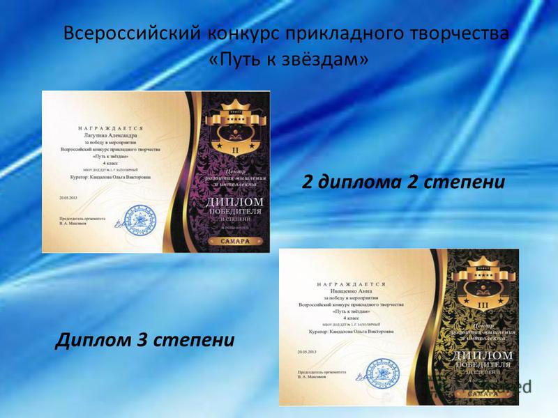 Всероссийский конкурс прикладного творчества «Путь к звёздам» 2 диплома 2 степени Диплом 3 степени