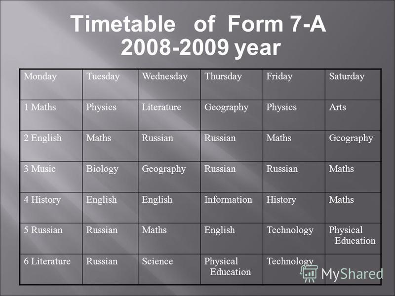 Timetable of Form 7-A 2008-2009 year MondayTuesdayWednesdayThursdayFridaySaturday 1 MathsPhysicsLiteratureGeographyPhysicsArts 2 EnglishMathsRussian MathsGeography 3 MusicBiologyGeographyRussian Maths 4 HistoryEnglish InformationHistoryMaths 5 Russia