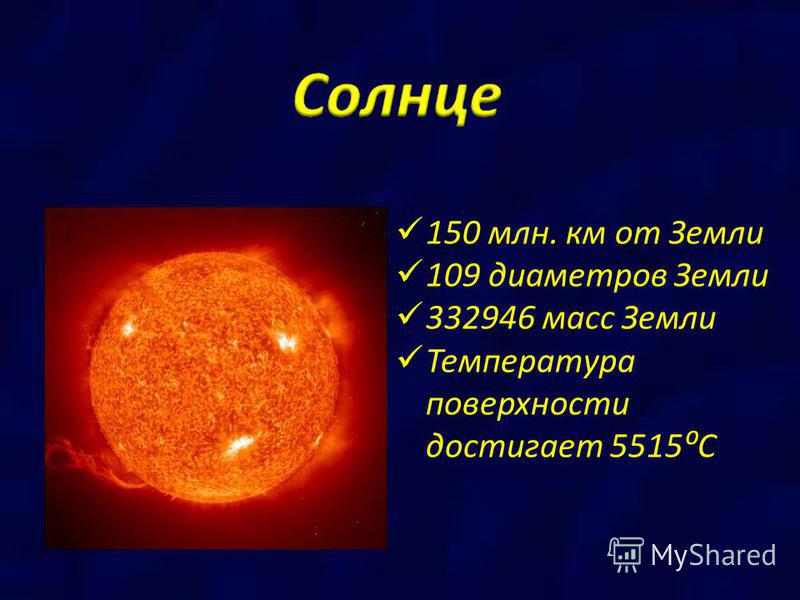 150 млн. км от Земли 109 диаметров Земли 332946 масс Земли Температура поверхности достигает 5515С