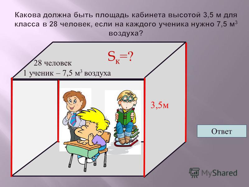 Ответ 3,5 м 28 человек 1 ученик – 7,5 м 3 воздуха S к =?