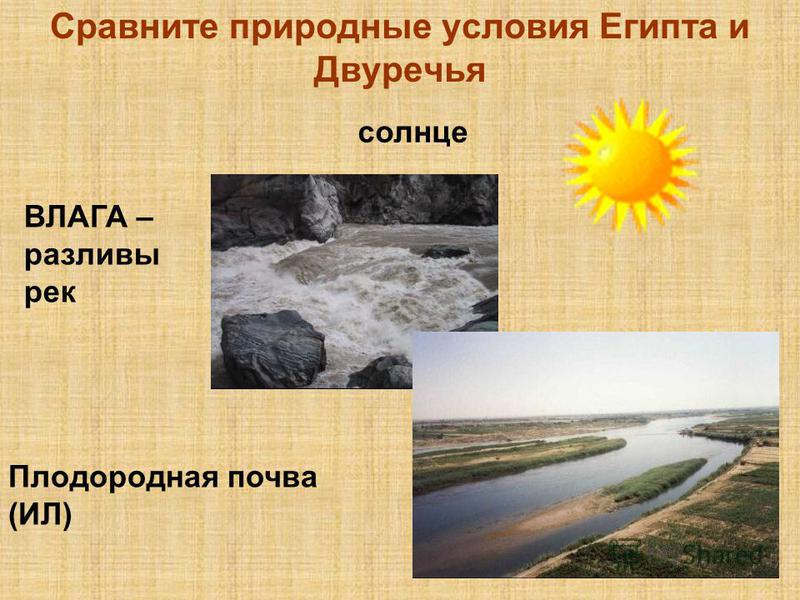 Сравните природные условия Египта и Двуречья солнце ВЛАГА – разливы рек Плодородная почва (ИЛ)