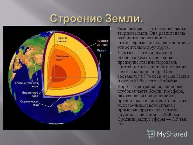 Земная кора это верхняя часть твёрдой земли. Она разделена на различные по величине литосферные плиты, двигающиеся относительно друг друга. Мантия это силикатная оболочка Земли, сложенная преимущественно породами, состоящими из силикатов магния, желе