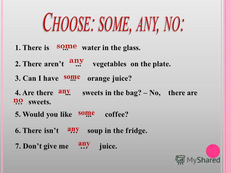 1. There is... water in the glass. some 2. There arent... vegetables on the plate. any 3. Can I have... orange juice? some 4. Are there... sweets in the bag? – No, there are … sweets. any no 5. Would you like... coffee? some 6. There isnt … soup in t