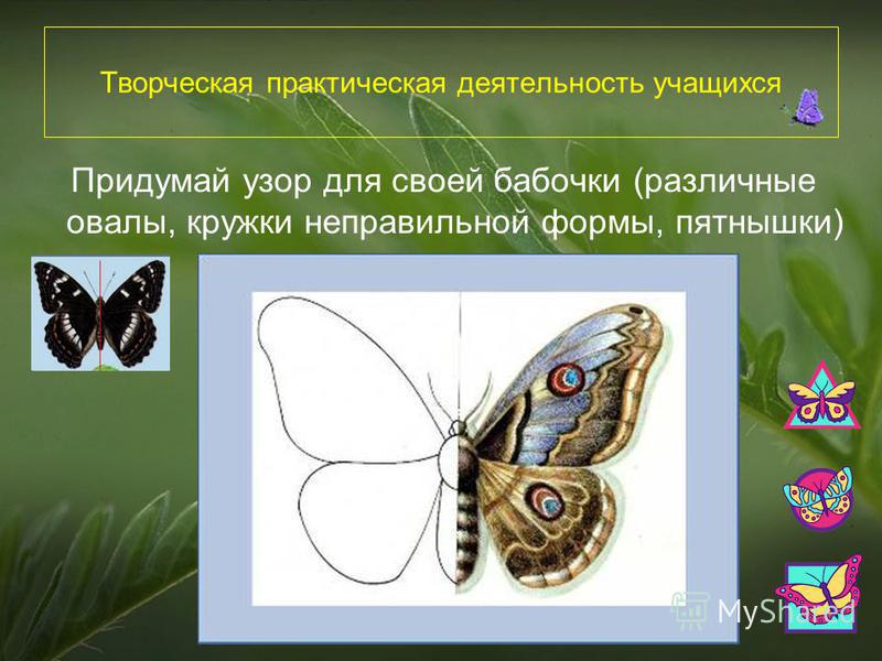 Творческая практическая деятельность учащихся Придумай узор для своей бабочки (различные овалы, кружки неправильной формы, пятнышки)