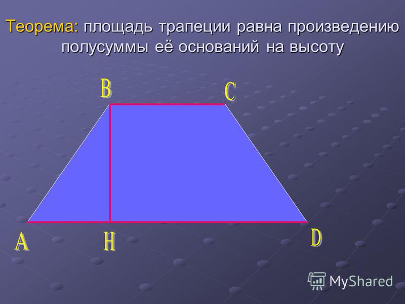 Теорема: площадь трапеции равна произведению полусуммы её оснований на высоту