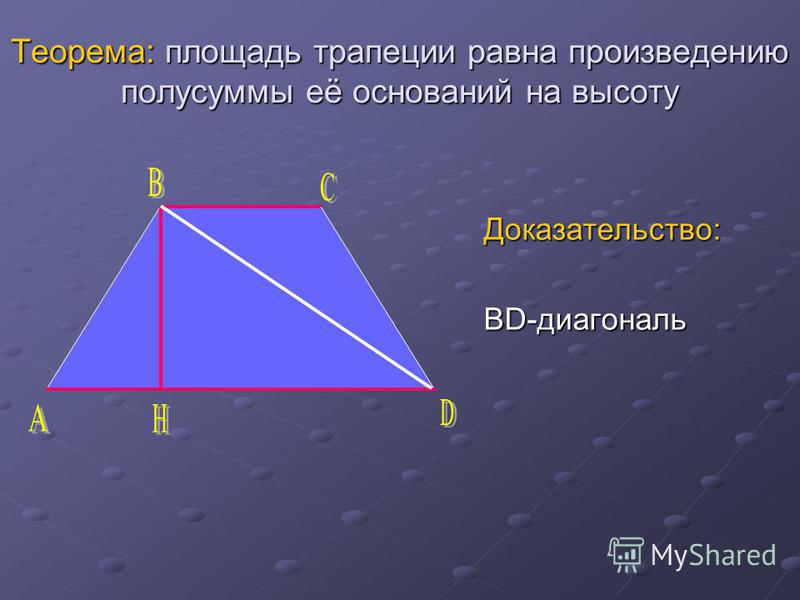 Теорема: площадь трапеции равна произведению полусуммы её оснований на высоту Доказательство: BD-диагональ
