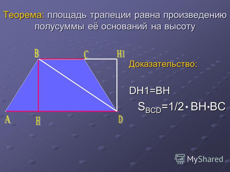 Теорема: площадь трапеции равна произведению полусуммы её оснований на высоту Доказательство:DH1=BH S BCD =1/2 BH BC