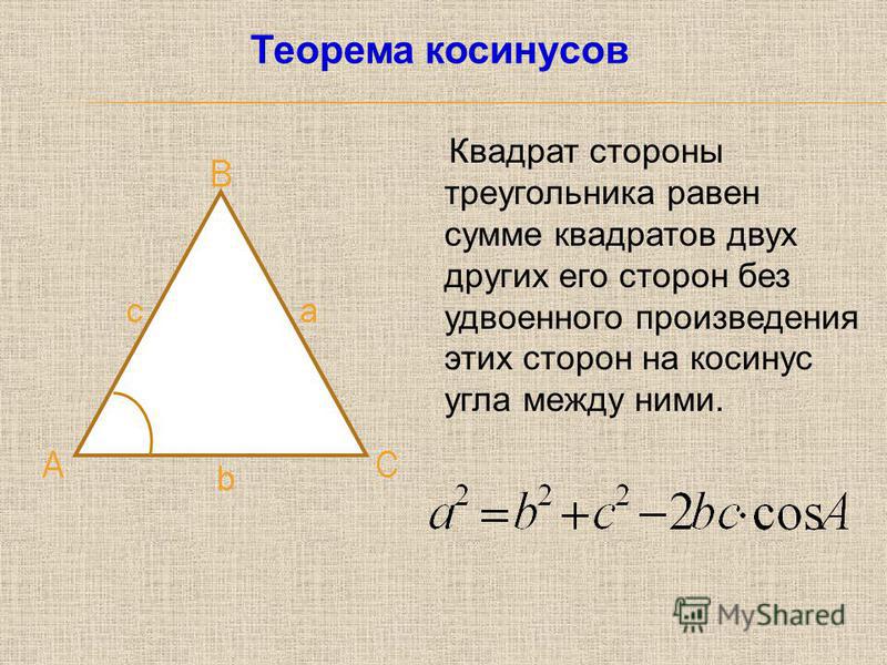 Квадрат стороны треугольника равен сумме квадратов двух других его сторон без удвоенного произведения этих сторон на косинус угла между ними. Теорема косинусов