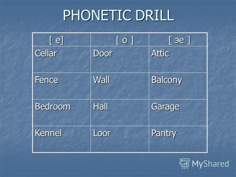 PHONETIC DRILL [ e] [ e] [ o ] [ o ] [ эe ] [ эe ] CellarDoorAttic FenceWallBalcony BedroomHallGarage KennelLoorPantry