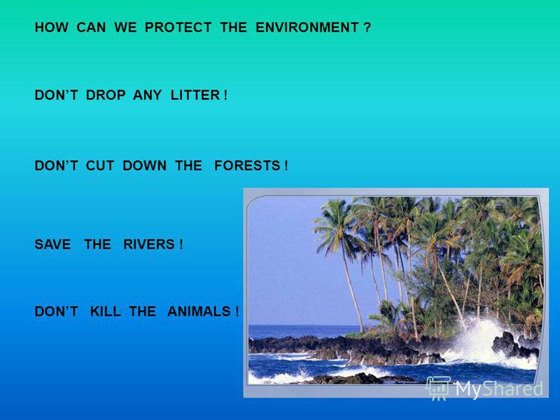 HOW CAN WE PROTECT THE ENVIRONMENT ? DONT DROP ANY LITTER ! DONT CUT DOWN THE FORESTS ! SAVE THE RIVERS ! DONT KILL THE ANIMALS !