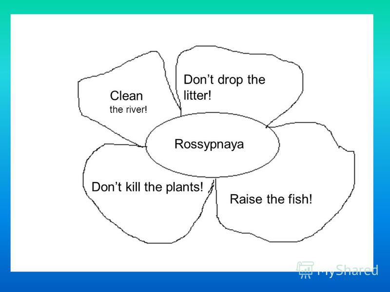 Clean the river! Dont drop the litter! Dont kill the plants! Raise the fish! Rossypnaya