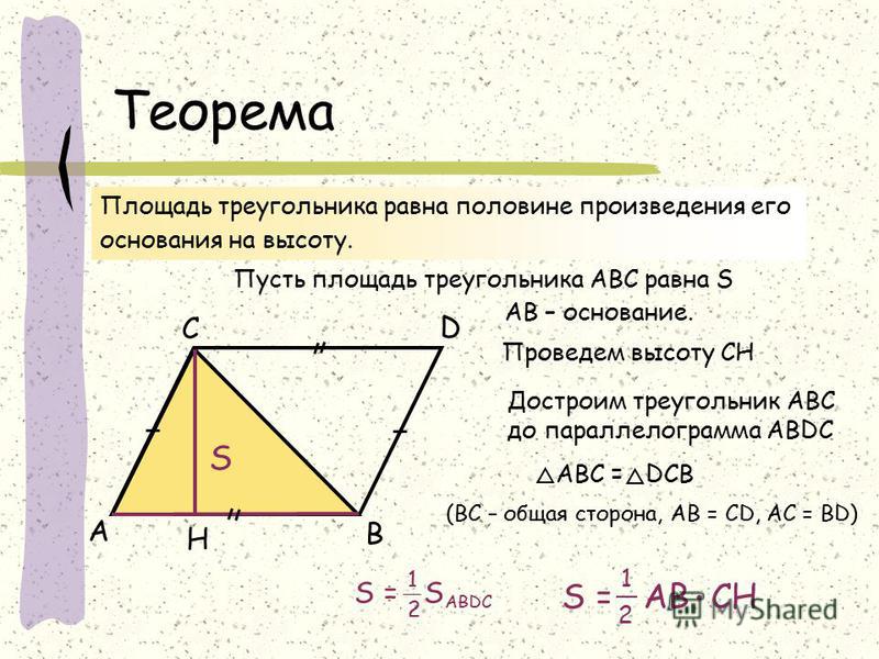 Теорема А В С Н Площадь треугольника равна половине произведения его основания на высоту. Пусть площадь треугольника АВС равна S АB – основание. Проведем высоту CH S Достроим треугольник АBС до параллелограмма АВDC АВС = DСВ (ВС – общая сторона, АВ =