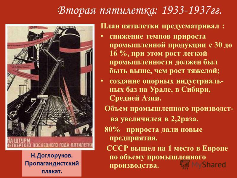 Вторая пятилетка: 1933-1937 гг. План пятилетки предусматривал : снижение темпов прироста промышленной продукции с 30 до 16 %, при этом рост легкой промышленности должен был быть выше, чем рост тяжелой; создание опорных индустриальных баз на Урале, в 