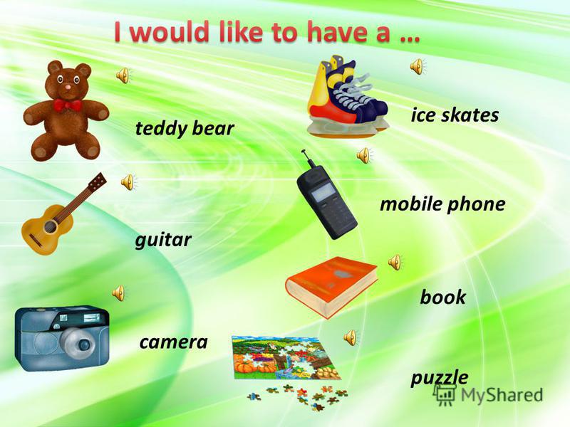 teddy bear guitar ice skates mobile phone book puzzle camera