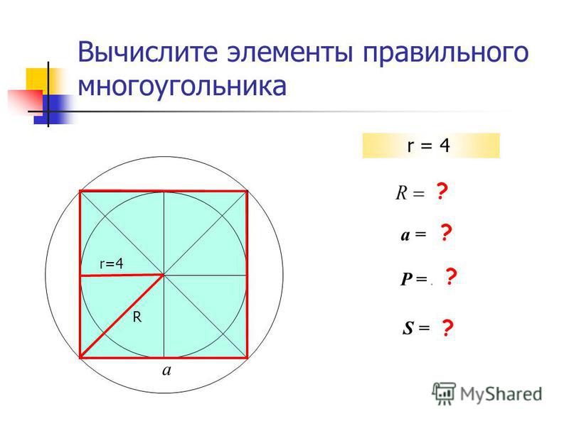 S = 64 P = 32 a = 8 Вычислите элементы правильного многоугольника r=4 R a ? ? ? ?