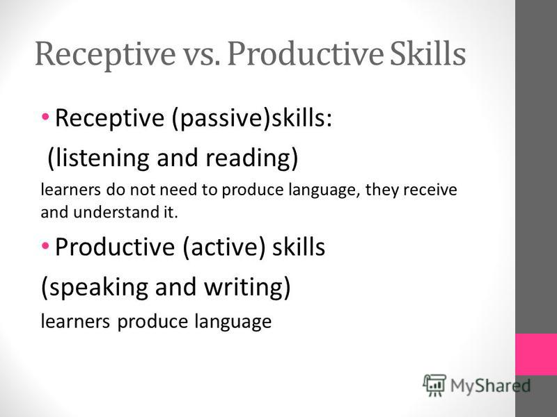Презентация на тему Developing Receptive Skills Vs Productive Skills Receptive Pive Listening And Reading Learners Do Not Need To Produce Language They Receive Understand It