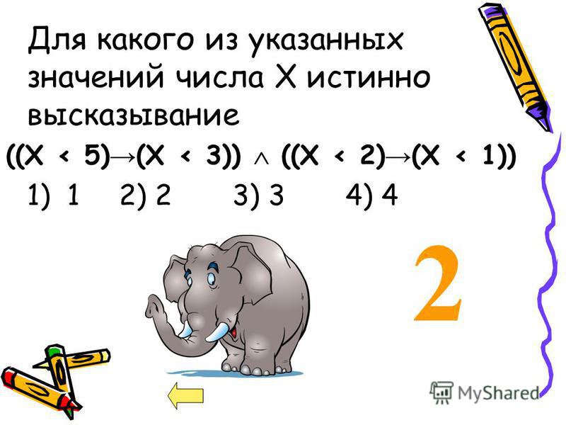 2 Для какого из указанных значений числа X истинно высказывание ((X < 5) (X < 3)) ((X < 2) (X < 1)) 1) 1 2) 23) 34) 4