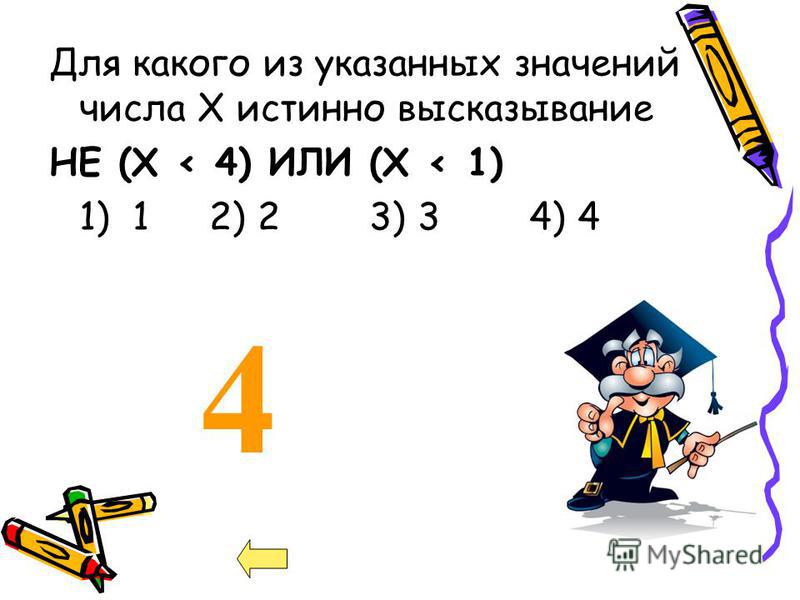 4 Для какого из указанных значений числа X истинно высказывание НЕ (X < 4) ИЛИ (X < 1) 1) 1 2) 23) 34) 4