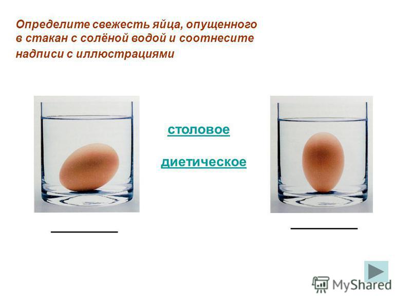 ____________ Определите свежесть яйца, опущенного в стакан с солёной водой и соотнесите надписи с иллюстрациями диетическое столовое