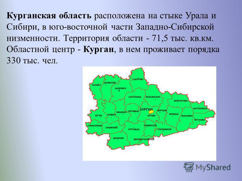 Курганская область расположена на стыке Урала и Сибири, в юго-восточной части Западно-Сибирской низменности. Территория области - 71,5 тыс. кв.км. Областной центр - Курган, в нем проживает порядка 330 тыс. чел.