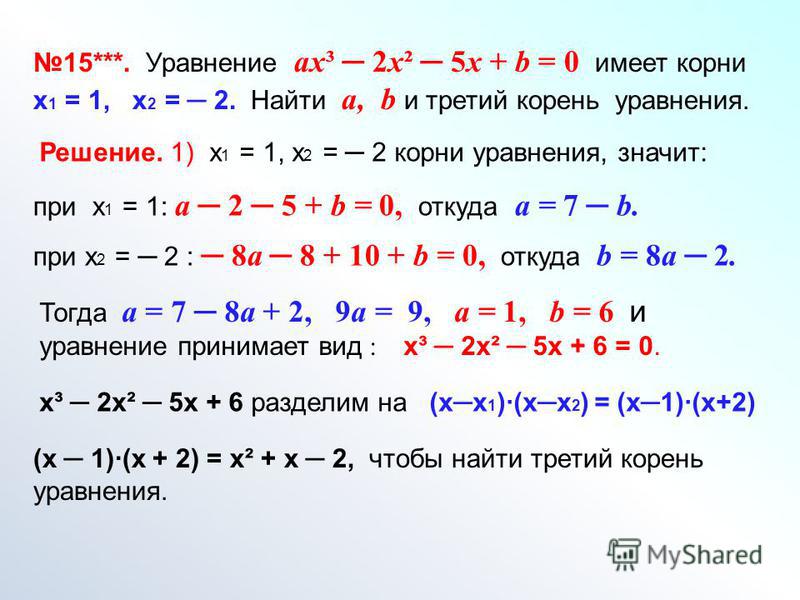 15***. Уравнение ах³ 2 х² 5 х + b = 0 имеет корни х 1 = 1, х 2 = 2. Найти а, b и третий корень уравнения. Решение. 1) х 1 = 1, х 2 = 2 корни уравнения, значит: при х 1 = 1: а 2 5 + b = 0, откуда а = 7 b. при х 2 = 2 : 8 а 8 + 10 + b = 0, откуда b = 8
