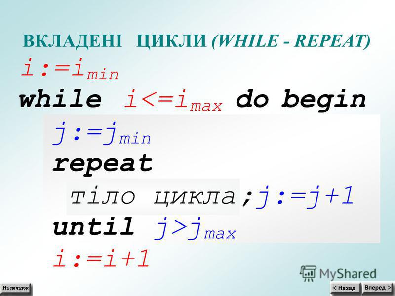 ВКЛАДЕНІ ЦИКЛИ(WHILE- REPEAT) i:=i min while i<=i max do begin j:=j min repeat тіло цикла;j:=j+1 until j>j max i:=i+1