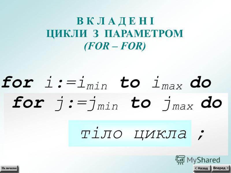 В К Л А Д Е Н І ЦИКЛИ З ПАРАМЕТРОМ (FOR– FOR) for i:=i min to i max do for j:=j min to j max do тіло цикла ;