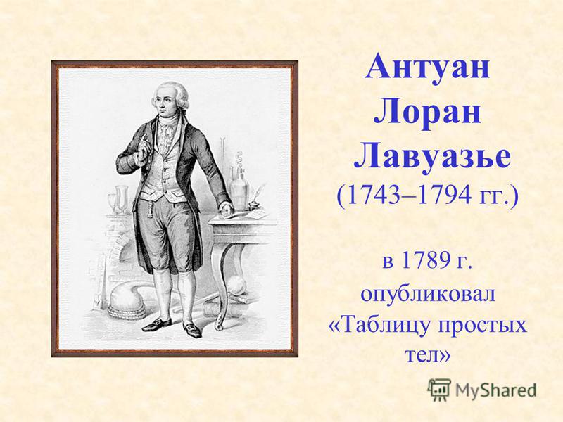 Антуан Лоран Лавуазье (1743–1794 гг.) в 1789 г. опубликовал «Таблицу простых тел»