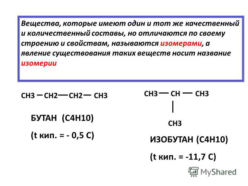 Вещества, которые имеют один и тот же качественный и количественный составы, но отличаются по своему строению и свойствам, называются изомерами, а явление существования таких веществ носит название изомерии СН3 СН2 СН2 СН3 СН3 СН СН3 СН3 БУТАН (С4Н10