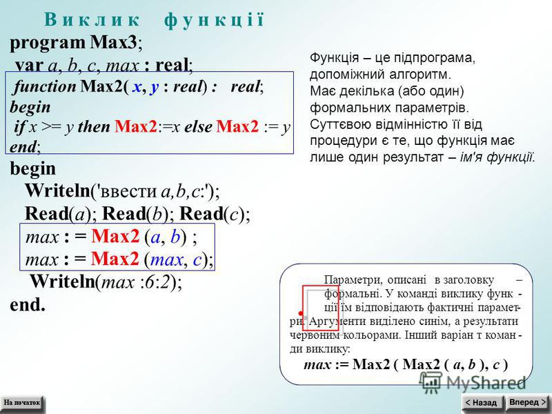В и к л и к ф у н к ц і ї program Max3 ; var a,b,c,max : real ; functionMax2( x,y : real): ; begin if x >= y then Max2:=x else Max2:= y end; begin Writeln ('ввестиa,b,c:'); Read (a); Read (b); Read (c); max : =Max2 (a, b) ; max : =Max2 (max,c); Write