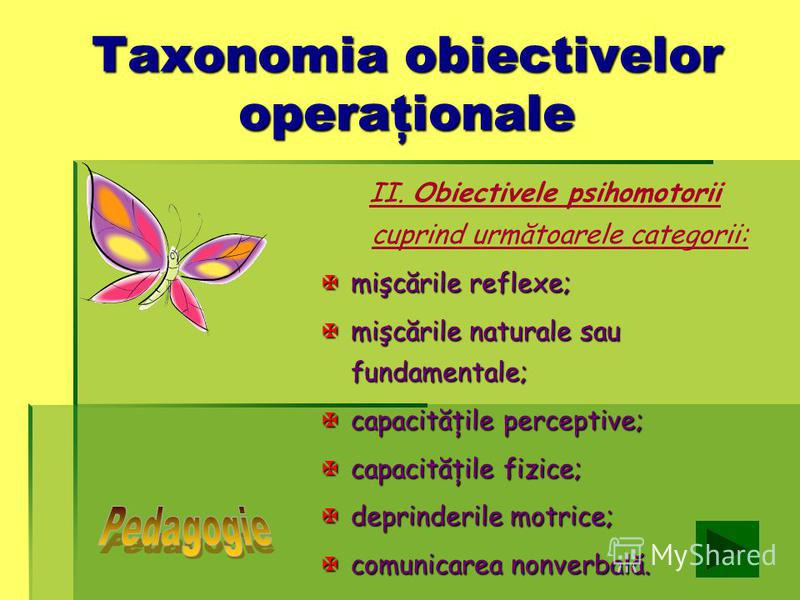 Taxonomia obiectivelor operaţionale Taxonomia obiectivelor operaţionale II. Obiectivele afective cuprind următoarele categorii: receptarea (participarea); receptarea (participarea); răspunsul (reacţia); răspunsul (reacţia); aprecierea (evaluarea); ap