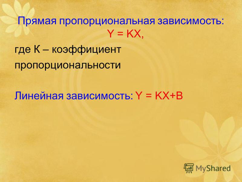 Прямая пропорциональная зависимость: Y = KX, где К – коэффициент пропорциональности Линейная зависимость: Y = KX+В