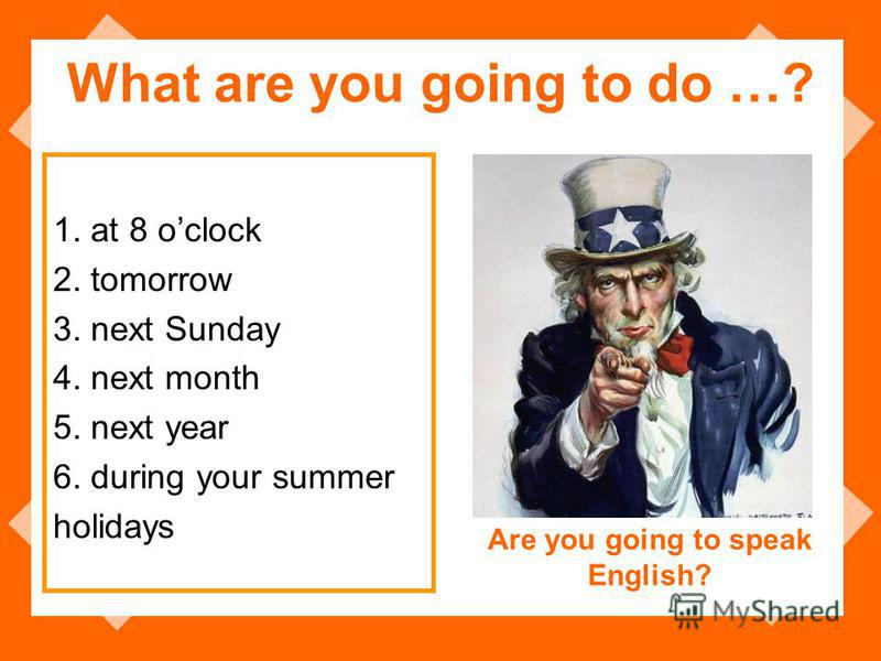 What are you going to do …? 1. at 8 oclock 2. tomorrow 3. next Sunday 4. next month 5. next year 6. during your summer holidays Are you going to speak English?
