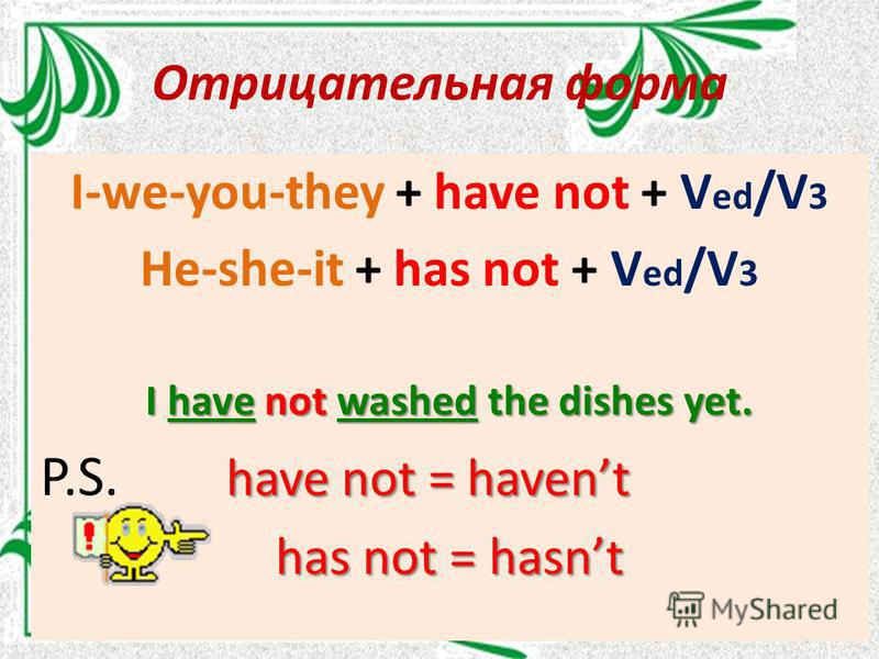 Отрицательная форма I-we-you-they + have not + V ed /V 3 He-she-it + has not + V ed /V 3 I have not washed the dishes yet. P.S. h ave not = havent has not = hasnt