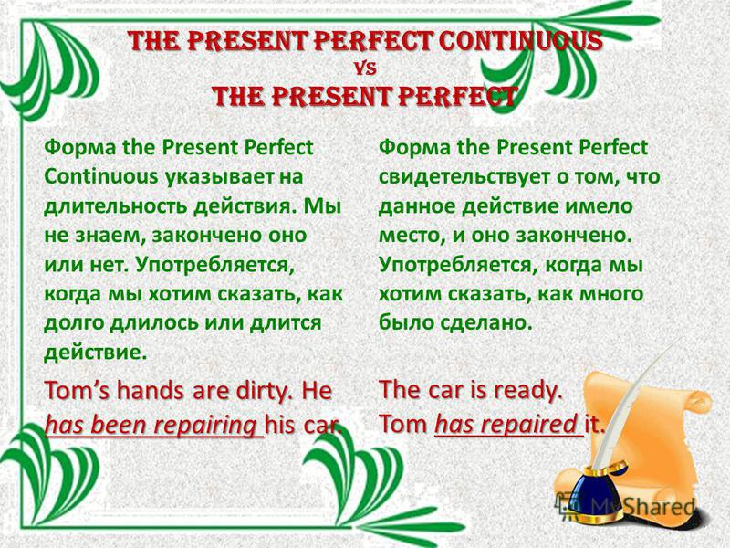 The Present Perfect Continuous vs the Present Perfect Форма the Present Perfect Continuous указывает на длительность действия. Мы не знаем, закончено оно или нет. Употребляется, когда мы хотим сказать, как долго длилось или длится действие. Toms hand